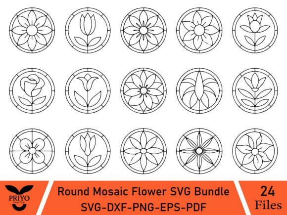 A Round Mosaic Flower Graphics Bundle for Crafters
